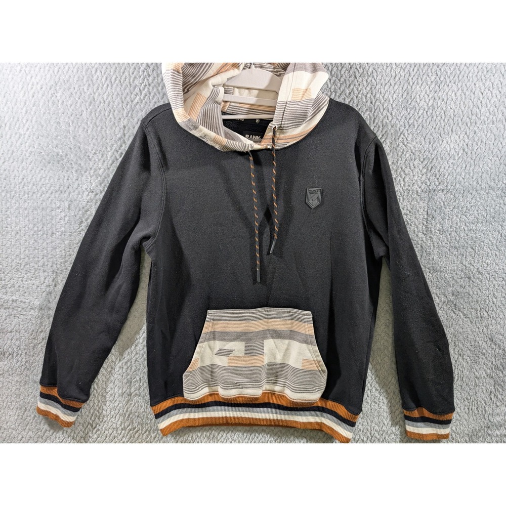 Rank 45 Mens Black Southwestern Geometric Hoodie Striped Trim Pullover Medium